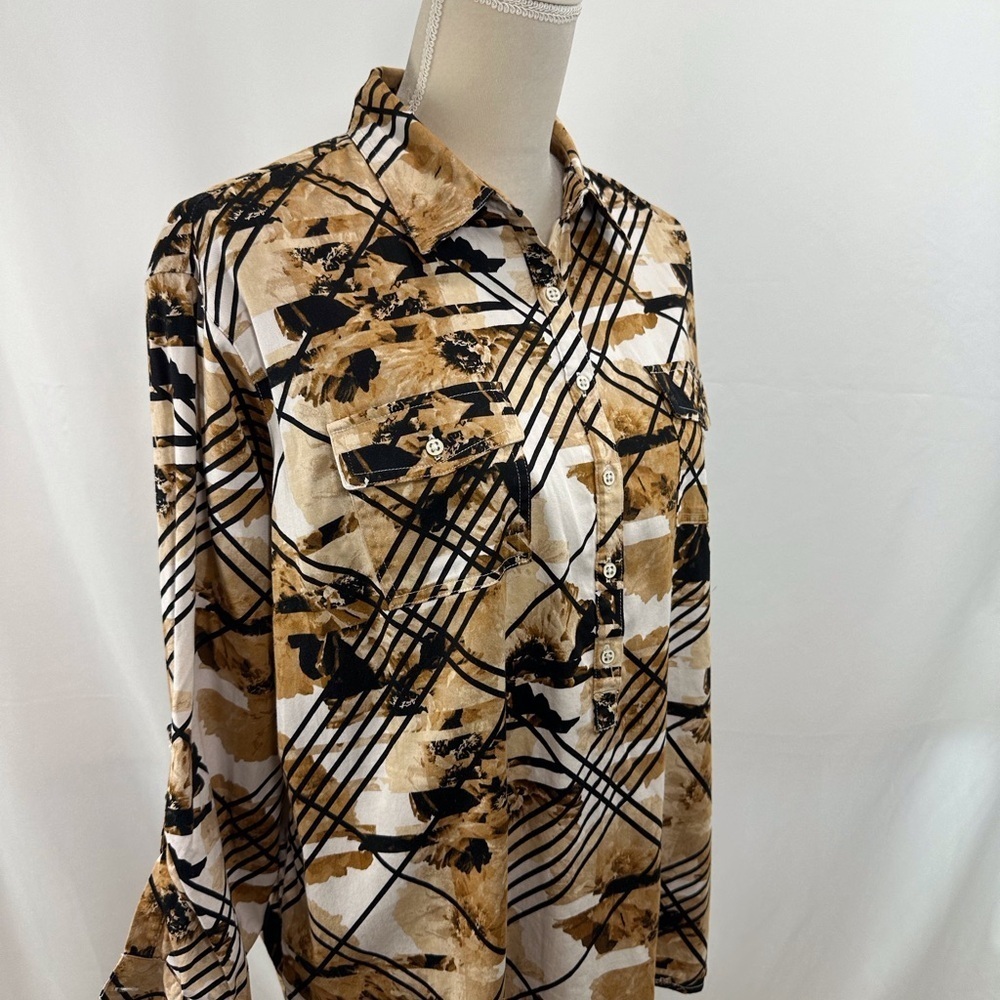 Dana Buchman Brown Abstract Button Pullover Shirt Size XL Roll-Tab Sleeve - Picture 2 of 8